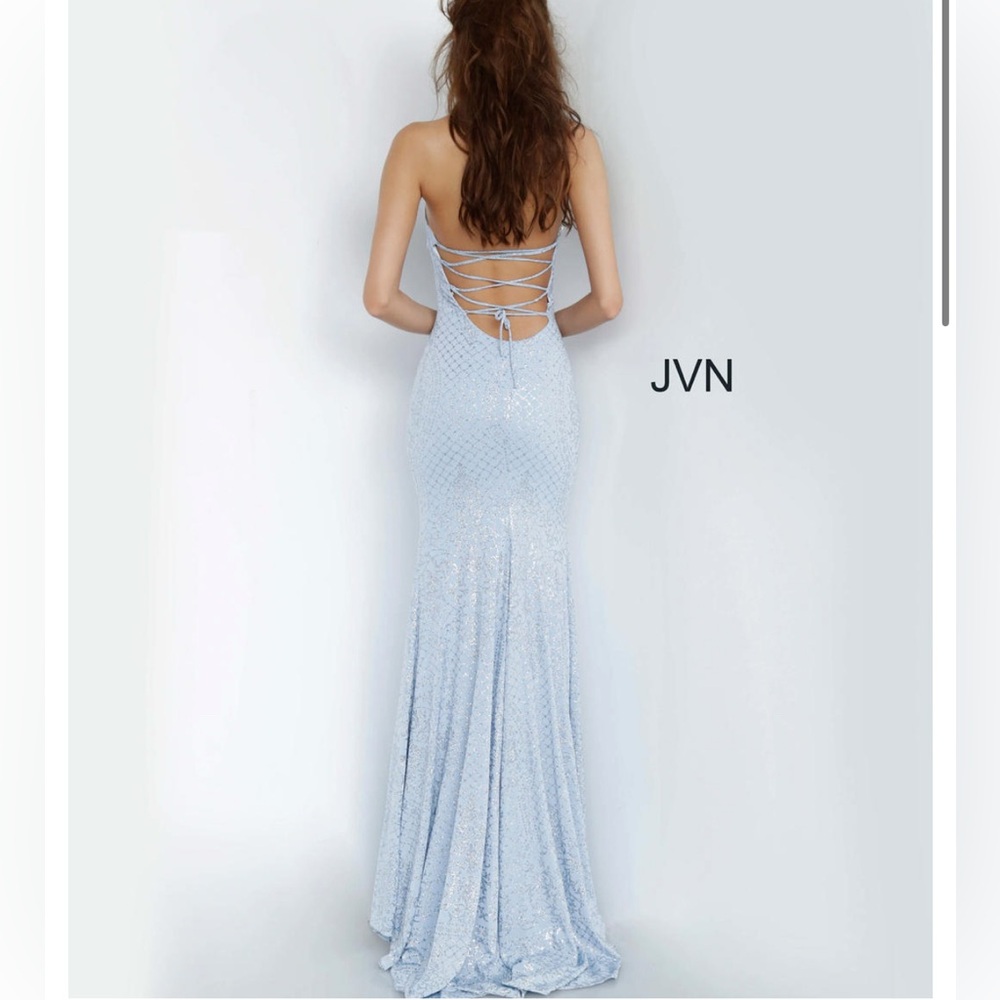 NWT. JOVANI | Light Blue Lace Up Back Jersey Gown - Picture 2 of 5